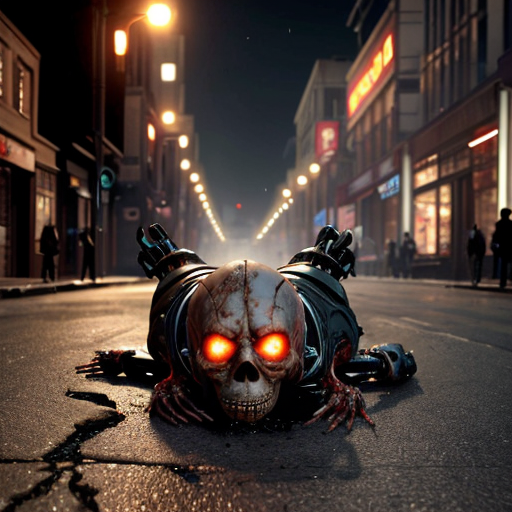 a rain-slicked city street at night, neon signs flickering through the haze as twisted biomechanical abominations shamble between overturned cars and shattered storefronts. These grotesque humanoid hybrids fuse pulsating organic tissue with rusted plating, their exposed muscle fibers writhing around hydraulic pistons, dripping blackened oil and viscera onto the cracked asphalt. Hazmat-suited figures scramble in the background, their glowing containment units casting an eerie green light on a bisected robot corpse—its still-twitching upper half dragging itself forward using torn intestinal cords as grappling hooks. Half-melted faces stretch across metal skull frames, jaws unhinging vertically to release guttural steam hisses as they clutch eviscerated human torsos like gruesome shopping bags. A towering construct with six spinal columns fused into a centipede-like tail crushes a streetlight underfoot, its dozen mismatched eyes reflecting the distant explosion ripping through the quarantine zone's barricades