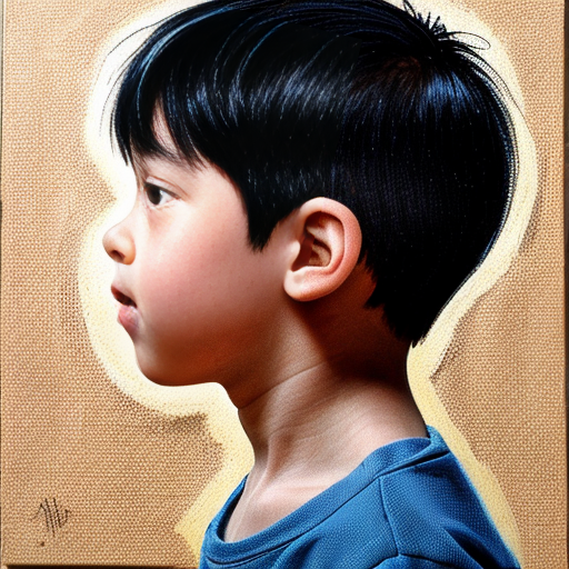 in an 8.5 by 11 inches size of canvass a crayon artwork of a kid with black hair in a side view looking upward holding a theater mask covering the half side of his face