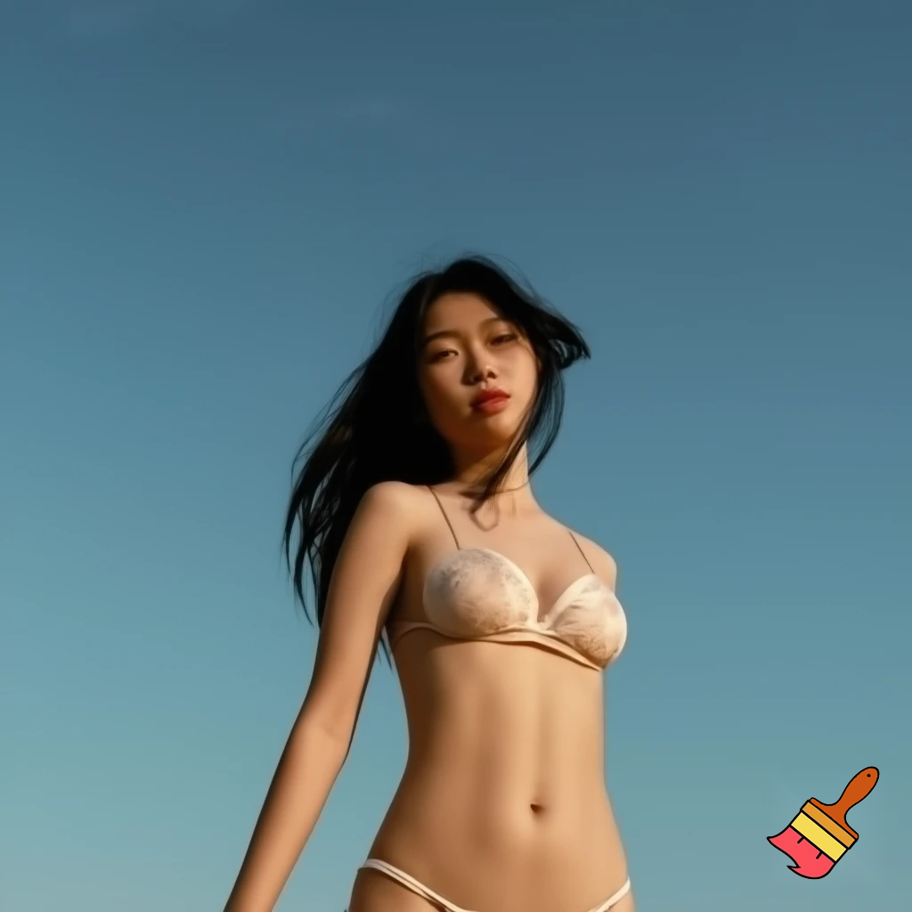 one beautiful nude chinese girl on the beach, establishing shot, low-angle shot