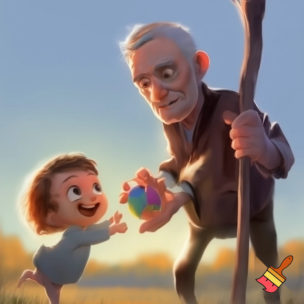 An old man is holding a stick, and a child wants to give him a ball.