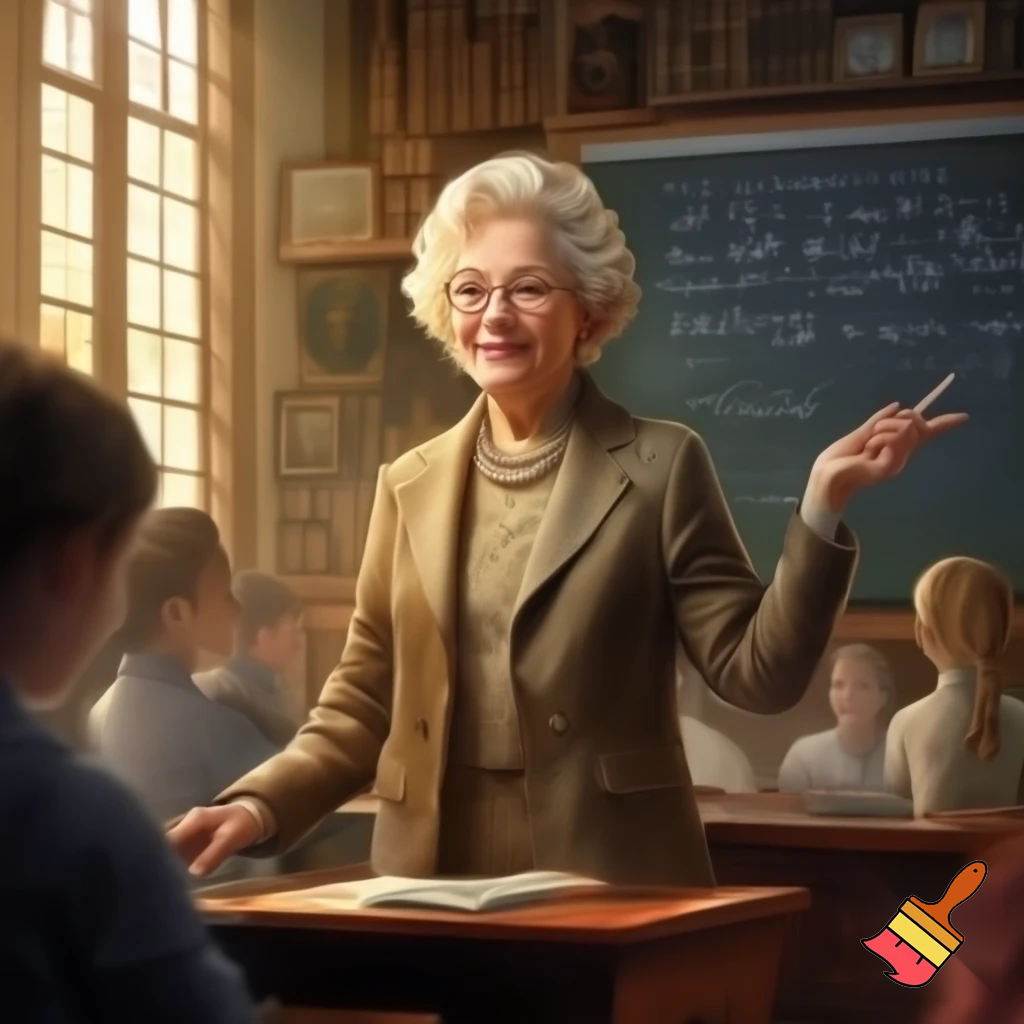 Make an image of a rich older woman at a school teaching a class.