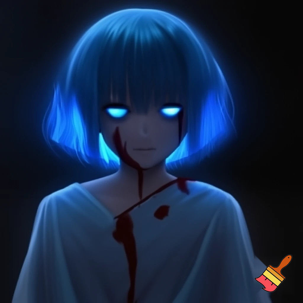 An anime girl with glowing blue hair and glowing blue eyes in a bloody hospital gown