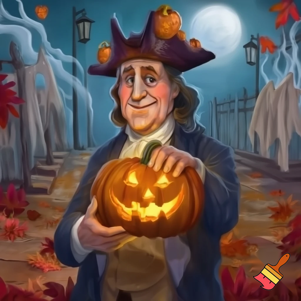 reate a fun image of Benjamin Franklin during Halloween