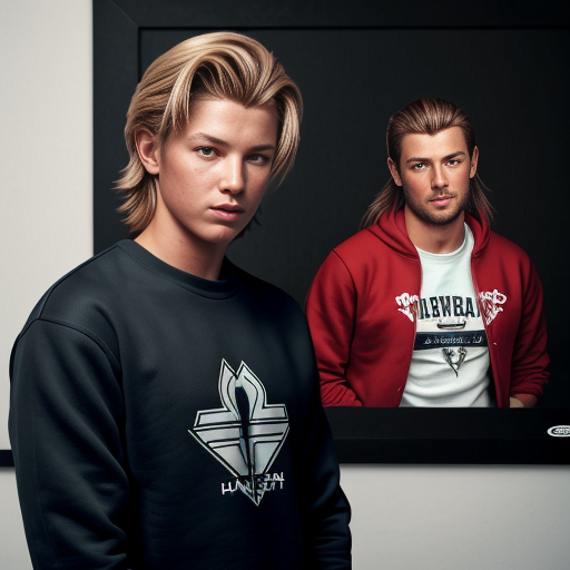 a cool guy with brown heir as a short mullet and a red sweatshirt and black long pants