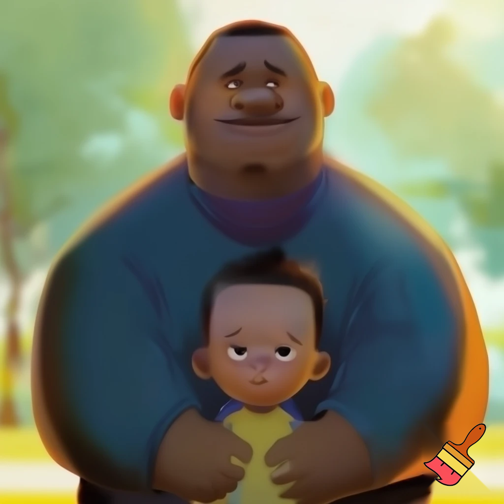 big black guy standing behind a little kid with middle part haircut