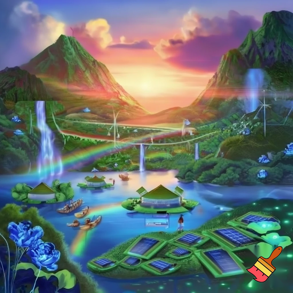 A stunning vision of Hawaii in 2050, where technology and nature exist in harmony. At sunset, a lush valley of emerald mountains, waterfalls, and glowing rivers reflects golden pink light. Traditional canoes glide past floating solar gardens shaped like lily pads, while eco-friendly homes with green rooftops and flower-like wind turbines blend into the hills. Children of diverse backgrounds walk through vibrant taro fields, symbolizing hope and unity, under a radiant rainbow of renewal. The scene radiates a bright, happy scene filled with eye catching colors. All around there are glowing blue flowers and green glowing spots in the water that creates a beautiful scenery