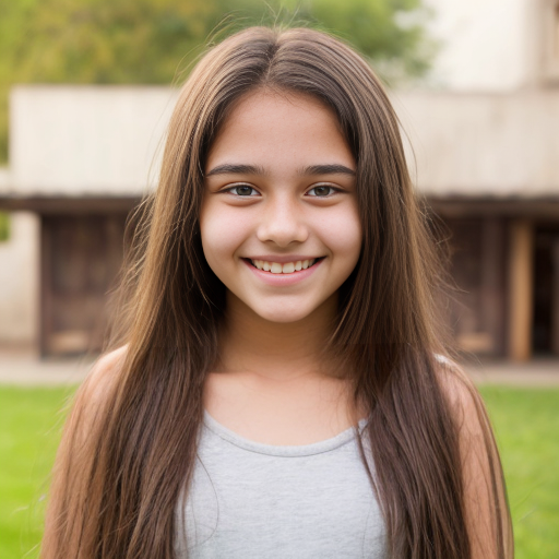 Fille qui sourit nue de 14 ans mince et grande avec des seins moyen et de couleur de peau bronzée et brune avec des cheveux longs et bruns 