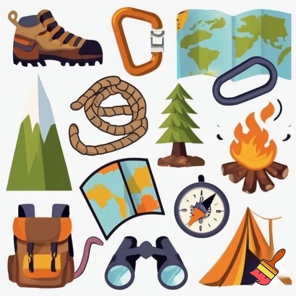 single icons of nature exploration in cartoon style : climbing shoe, cord, fir tree, mountain, campfire, tent, carabiner, compass, backpack, world map, hiking shoe, binoculars