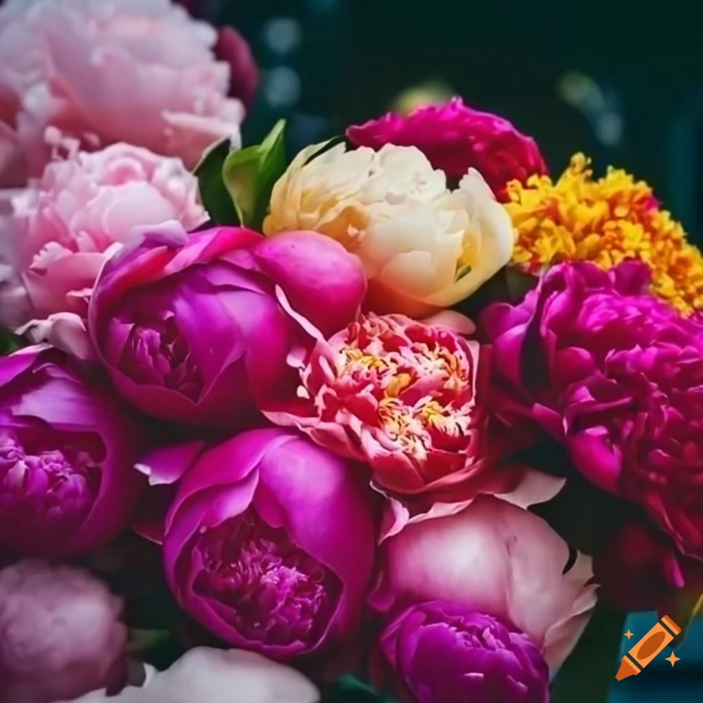 A very beautiful bouquet of mixed colored peonies