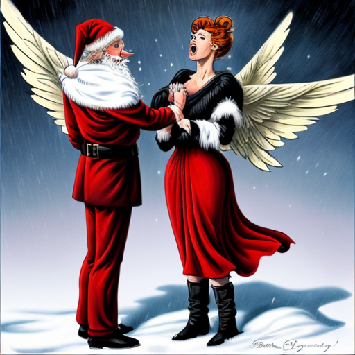 Színes, képregény-stílusú, szürreális jelenet: francia, flancos úrihölgy irigy és haragos, mikulás manó vöröshajú testvére mellett. Úrihölgy lopja Hermész szárnyas saruját az Olümposzról, idő száguld a végtelenbe, hóviharszerű harag, hatványozottan tündöklő tündér veszélyben. Túlzó arányok, humoros, dinamikus, kaotikus, élénk színek, szürreális képregény-hatás.”