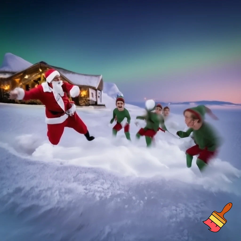 Santa Claus plays snowballs with the elves.
The landscape is that of the North Pole, with Santa's house visible in the distance.