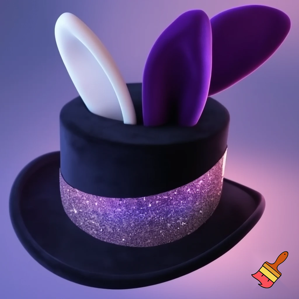 Black top hat with bunny ears velvet white and purple purple and white headband fabric and velvet glitter, purple and pink