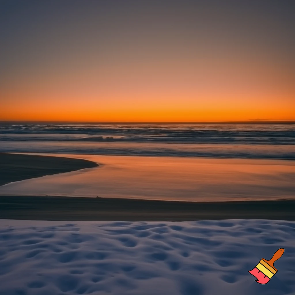 A beach at sunset while it snows