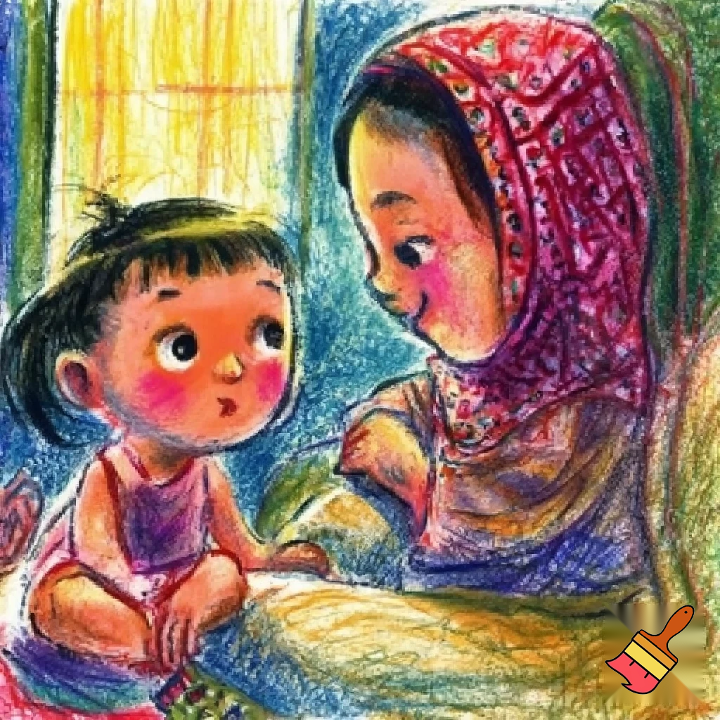 create a colorful crayon drawing of a girl and her malay maid