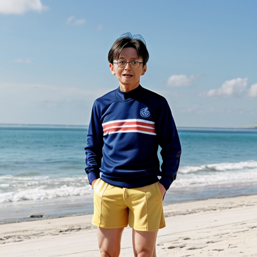 detective conan conan avec un mayo et un short du PSG a la plage