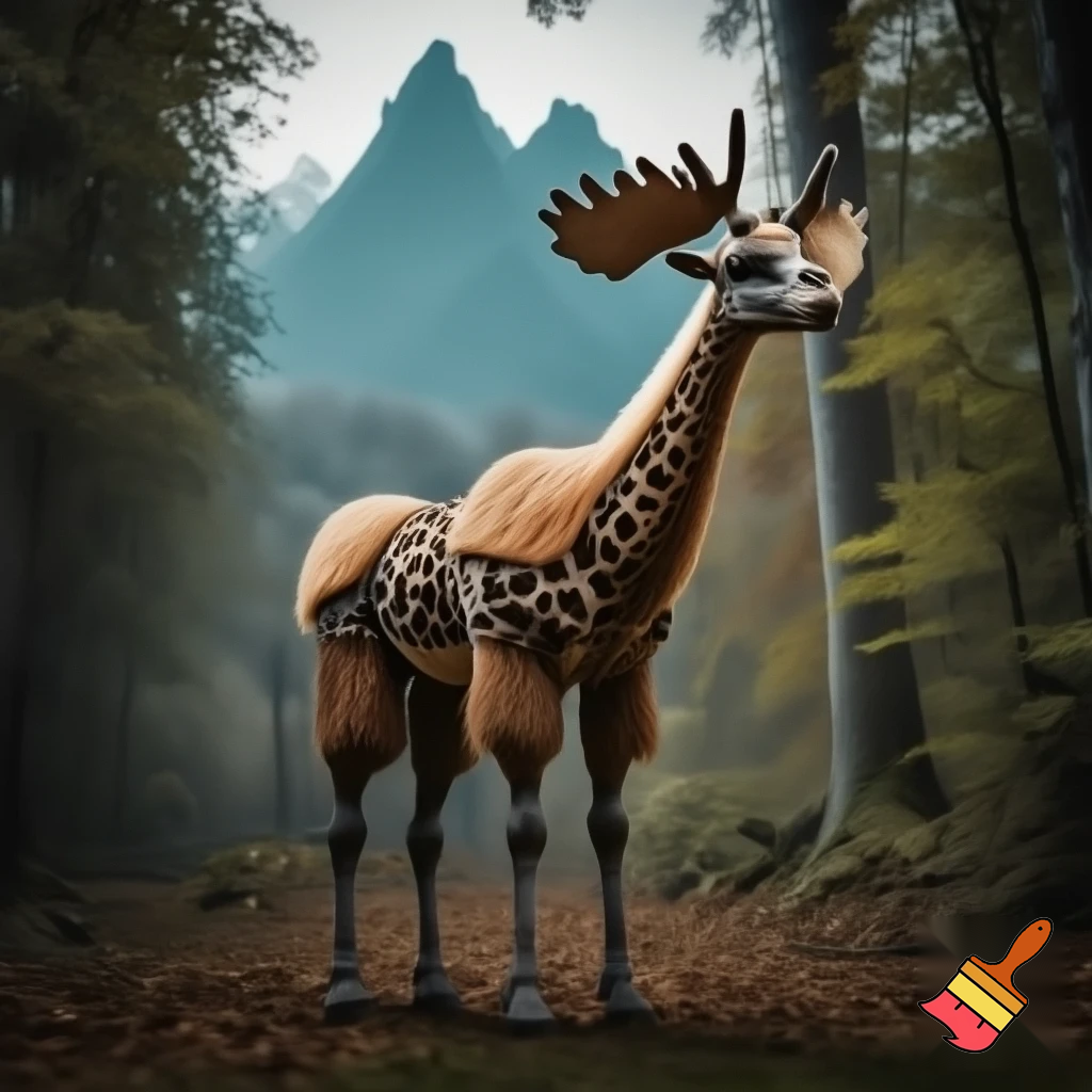 A hybird real life llama + girffe + hawk + moose forset back mountain on