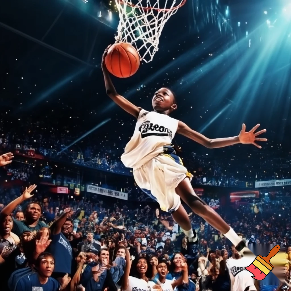  14-year-old Black basketball player in a white "Bullard" jersey sinking the winning three-pointer! 
 14-year-old Black basketball player in a white Bullard jersey hitting a game-winning three-pointer, dynamic action shot, crowd cheering
