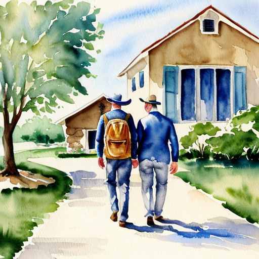 2 men walking near a house