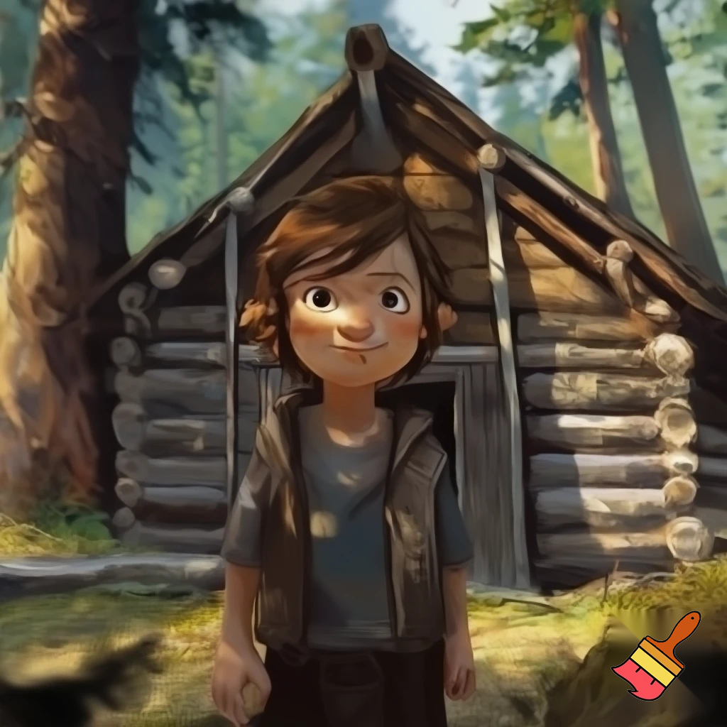 A kid that is in a front of a cabin and he is 11 years old 