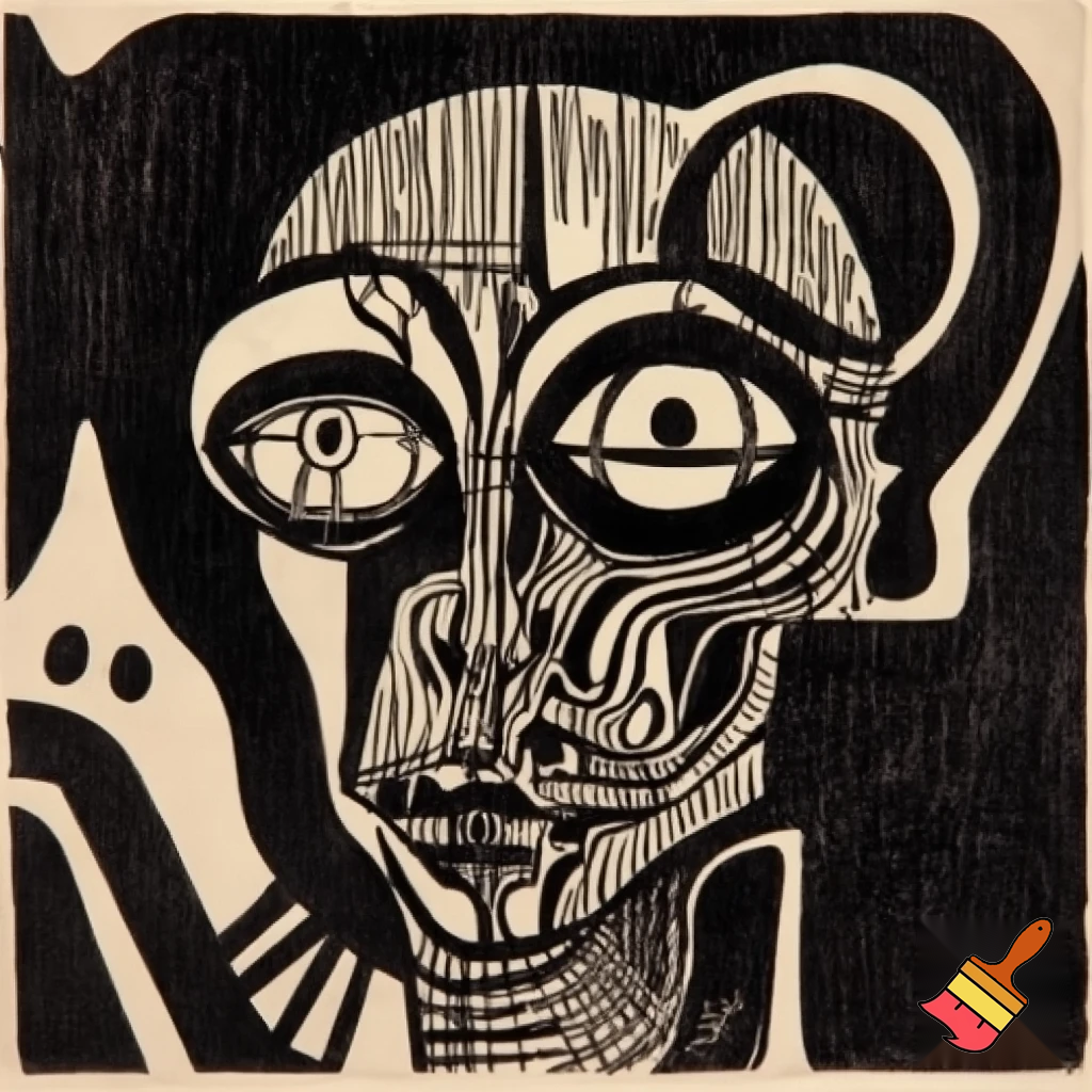 Bio-mechanical post-human noise art. In the style of a 1920's German Expressionist woodcut print. Black & white.