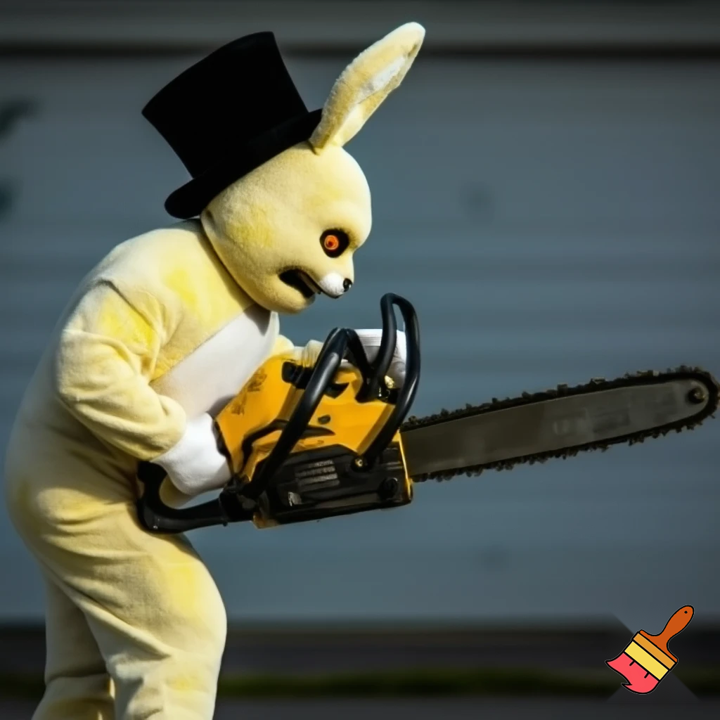 Easter bunny with a chainsaw with a top hat mascot costume go to naughty people angry Easter bunny