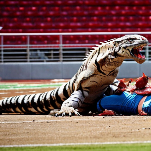 Half white tiger half komodo Dragon fighting over meat in Stadium