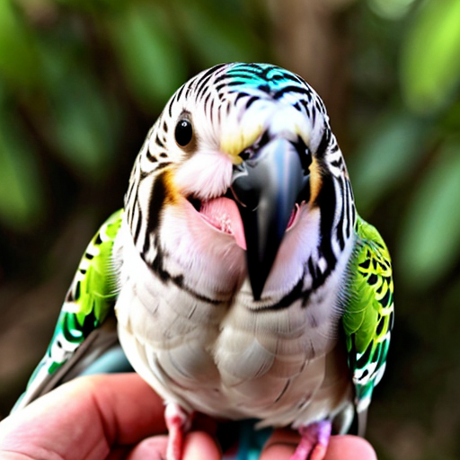 murray the budgie green with a yellow head, an a big toothy grin