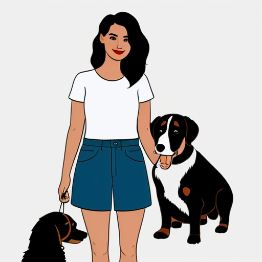 una ragazza con i capelli mossi e marroni e gli occhi azzurri vicino a un cane bovaro del bernese pelosissimo. vestiti techno .sopra la foto scrivi giulia e rock