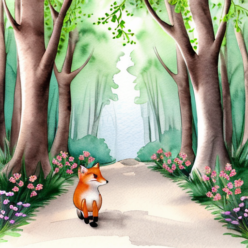 Children’s book watercolor illustration, soft pastel palette, warm magical forest atmosphere.

Andy, a small cute fox cub with bright orange fur, cream belly, fluffy oversized tail and big amber expressive eyes, stands in the Forest of Colors while the animals prepare for the traditional Glowing Path ceremony.

Around him, rabbits, hedgehogs, birds and squirrels decorate a winding forest path with tiny lanterns and flowers. Fireflies begin to gather above the path like floating stars. The trees are tall and colorful, with warm light filtering through the leaves.

Andy looks excited and curious, ears lifted and tail gently swaying.

Style: soft watercolor children’s book illustration, dreamy lighting, cozy magical forest, gentle details, storybook style, soft edges.

Use the reference image of Andy the fox to keep the same character design.