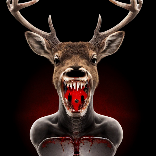 a pure black background, in the middle is the creature with a fish body, red blood eye, staring infront, smiling with sharp teeth with blood in it, blood stains on body and eating an organ of a deer