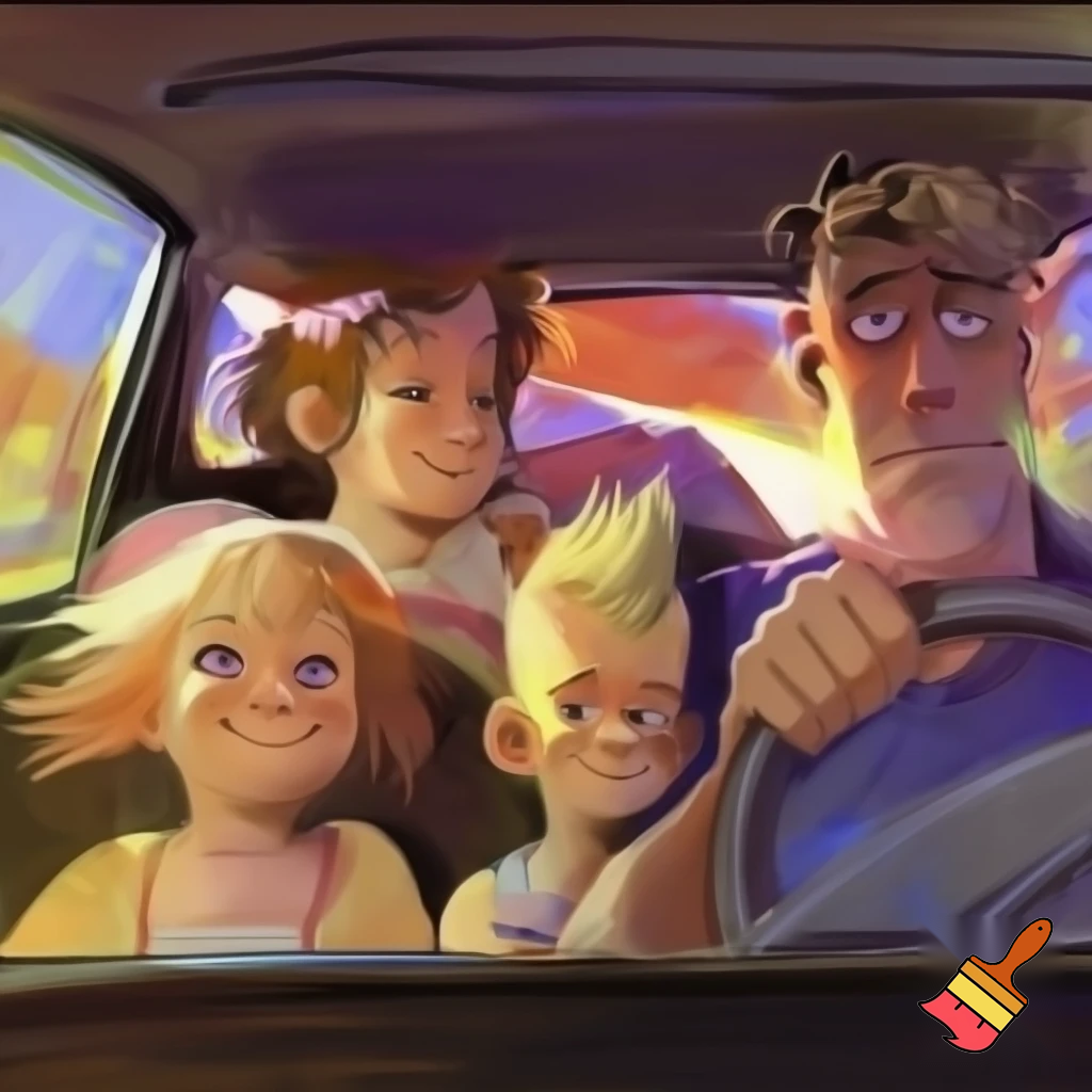 Family of four with a young girl with blonde about five years old, a boy about ten years old with a Mohawk, a mum with messy hair, and a dad whose always serious with patchy hair in a car


