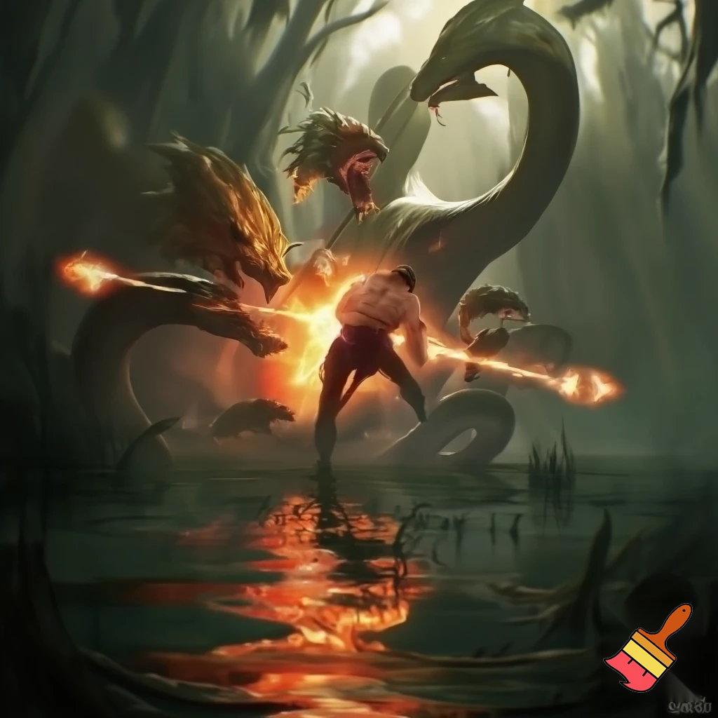 Hercules shooting flaming arrows, fire reflections on swamp water, arrows hitting Hydra, creature roaring in pain, cinematic action, dynamic camera