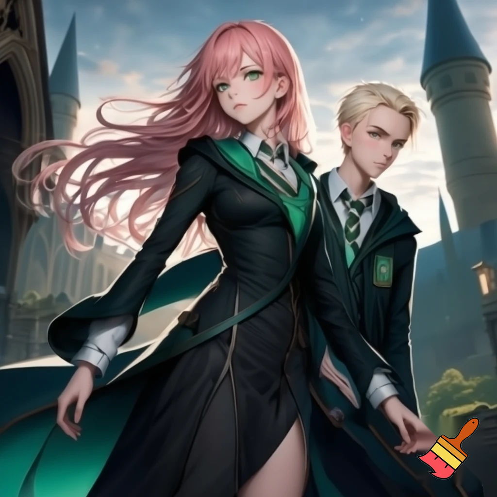 a anime girl, long pink hair, with a slytherin outfit. With Draco malfoy. Two people, hogwarts background. High quality and detail anime style 
