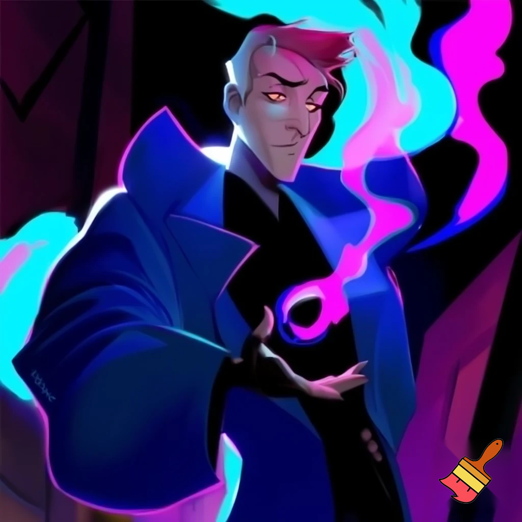 Percival de rolo from Vox Machina in the art style of hazbin hotel wearing his signature blue overcoat and smoke curling around him