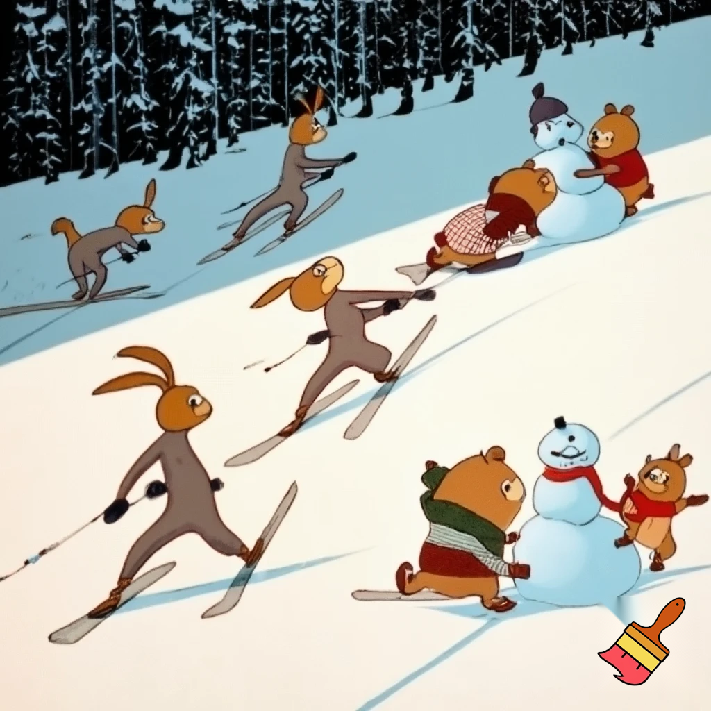 Drawing in old soviet cartoons style. Hares in ski suits are skiing on a snow-covered slope with dense forest on the edges. Next to them foxes in ski suits are skiing on a snow-covered slope with dense forest on the edges. Next to them bear cubs in winter clothes are making a snowman on a snow-covered slope with dense forest on the edges. Next to them squirells in winter clothes are playing with snowballs on a snow-covered slope with dense forest on the edges