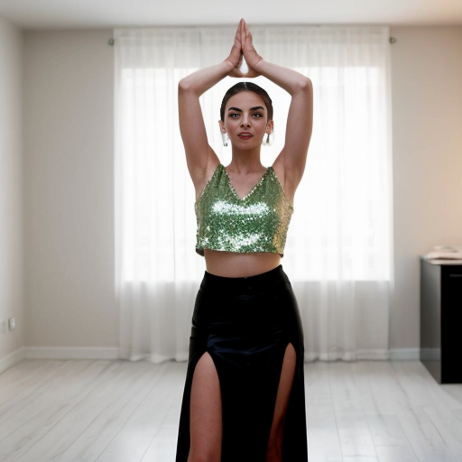 "A realistic, full-body photo of a female model posing indoors in front of a large, leaning rectangular mirror. She is wearing a sparkling, sage-green sleeveless sequined crop top and a long black skirt with high thigh slits. Her arms are raised with both hands behind her head, elbows pointing out, and she is looking slightly to the side. The mirror reflects the back of her outfit. The room has plain white walls and a black-and-white geometric tiled floor. Natural lighting, high definition."

