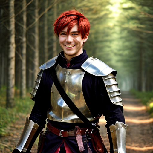 Anime style adult male, neat red hair, smiling, yellow snake eyes but otherwise no snakelike features, has a sword in a scabbard on his back, slim with creative dark medieval clothes, no armor, forest background