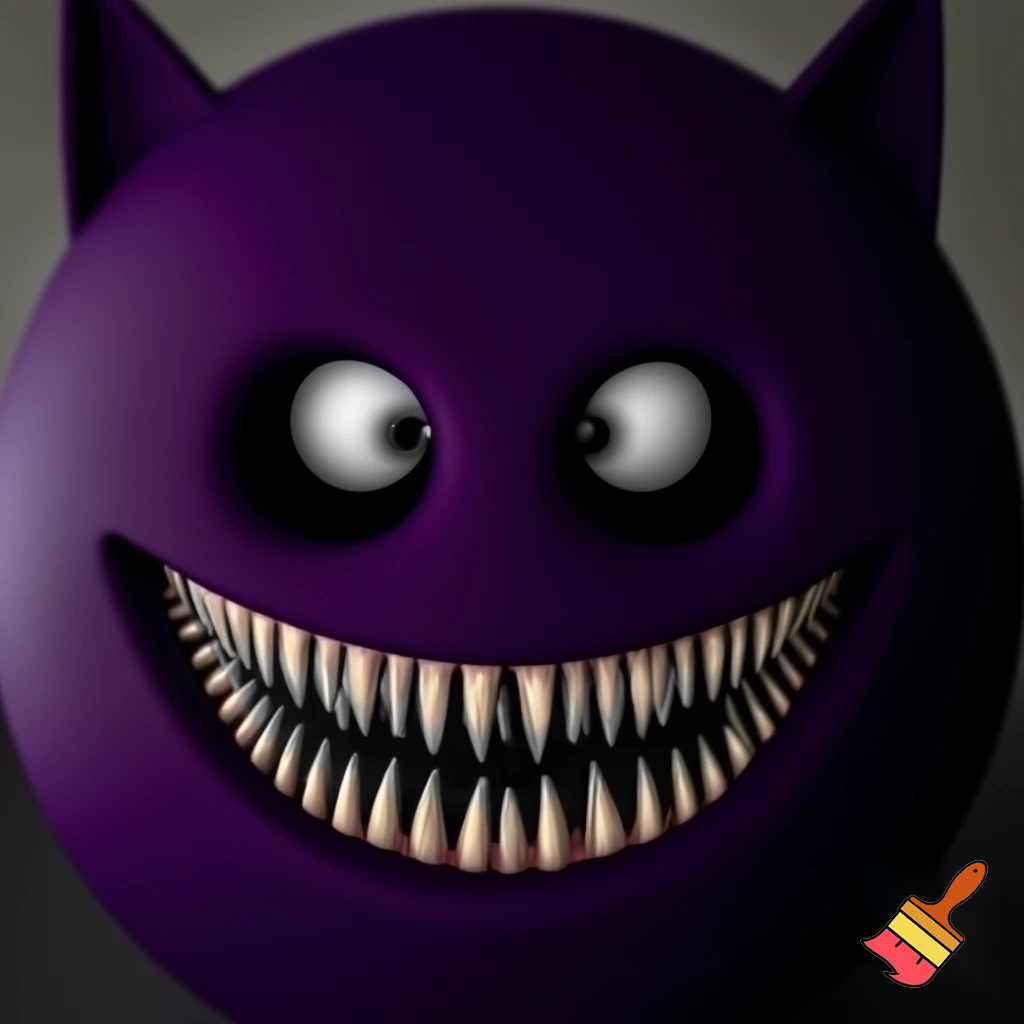 big purple monster it was shaped like a round thing with ears like a cat it had black eyes except for its tiny pupils that were a piercing white it had a wicked smile for such a short creature it had thousands of skinny razor like teeth in its mouth