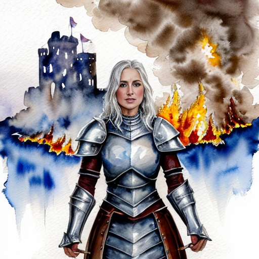 young, tall, white-haired woman in armor stands in front of a burning castle into which meteorites are falling.