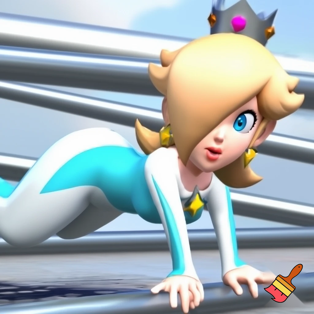 Rosalina from super mario wears a white and light blue tight outfit crawling through silver tubes