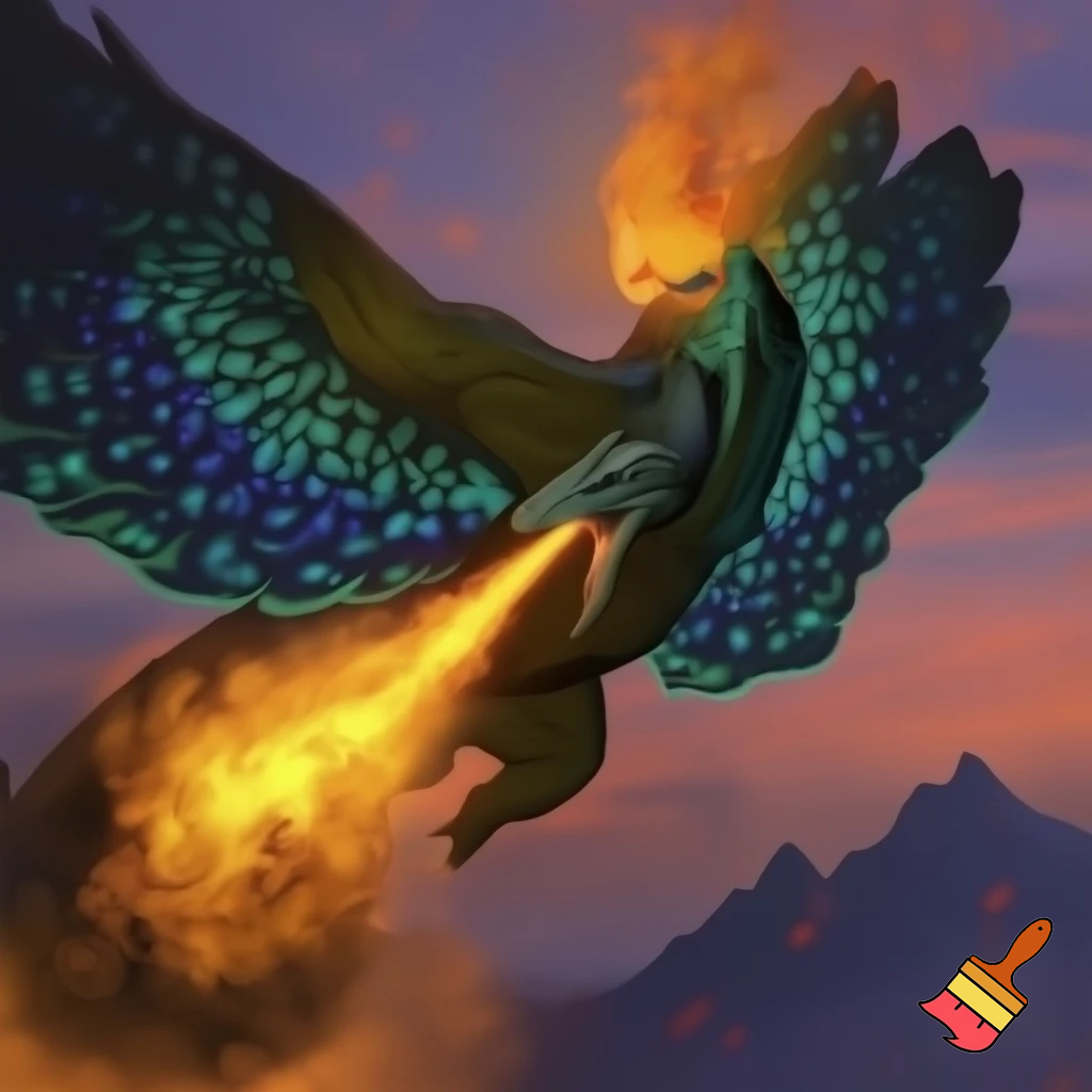 Half peacock half komodo dragon flying with a blowtorch