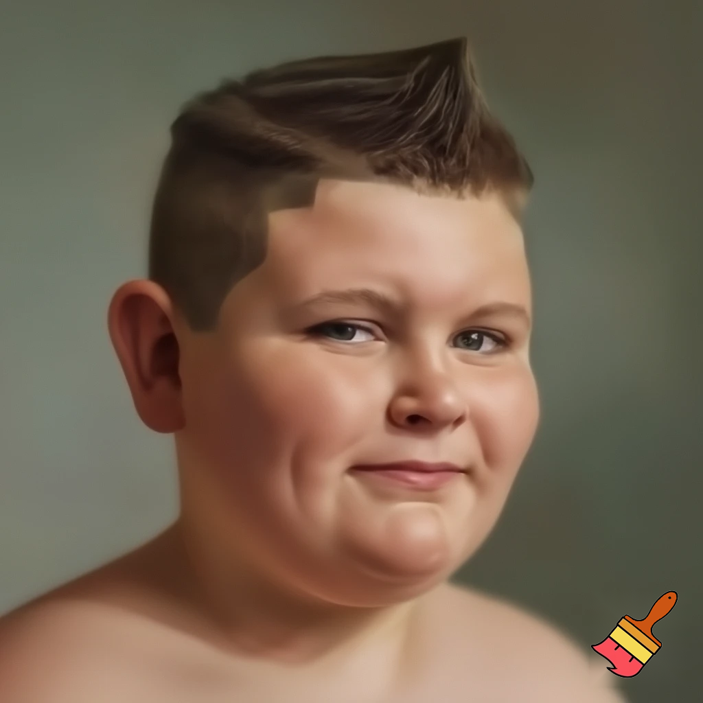 Chubby boy 13 years old with toilet brush haircut, realistic human