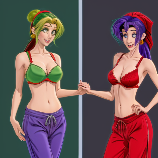 90's disney's 2d aladdin style comic dark black background and panels of 
panel 1 purple haired Ponytail shantae with red harem pants and red bra and red curved slippers with both hand palms place together and hiding the bottom of her mouth with a red veil wrapped around her arms and shoulders. 
panel 2 she danced with red harem pants with red bra and red curved slippers and red veil wrapped around her arms and shoulders and raising legs and bounced up and down her belly and shook her hips left and right. 
panel 3 as Shantae with red harem pants and red bra and curved red slippers spreading her arms, happily revealing her face to the viewer and giving a smile as she turns around shook her butt left and right. Panel 4 as purple haired Ponytail shantae with red harem pants and red bra and red curved slippers started to fading away , except her belly, which is bouncing around. 
Panel 5 then the ball transforms into the fading in belly of green haired Ponytail shantae with light green skin and green harem pants and green bra and green curved slippers and green veil wrapped around her arms and shoulders with her swaying her hips. 
Panel 6 green haired Ponytail shantae with light green skin and purple harem pants and green bra and green curved slippers and green veil wrapped around her arms and shoulders and with her hand palms place together between her chest and she gives a smile and winking her left eye.  