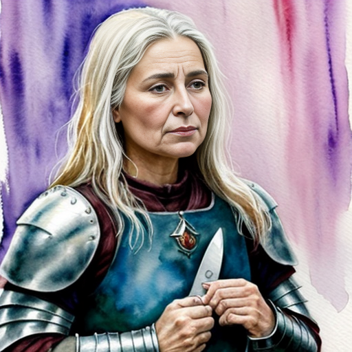 young, tall, white-haired woman in armor is sad because a Turkish man stole her knife.