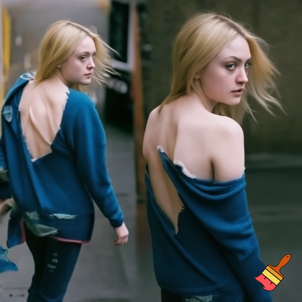 Dakota Fanning, various poses, torn clothes, street scene, close up shot, breast exposed, walking away looking over her shoulder 