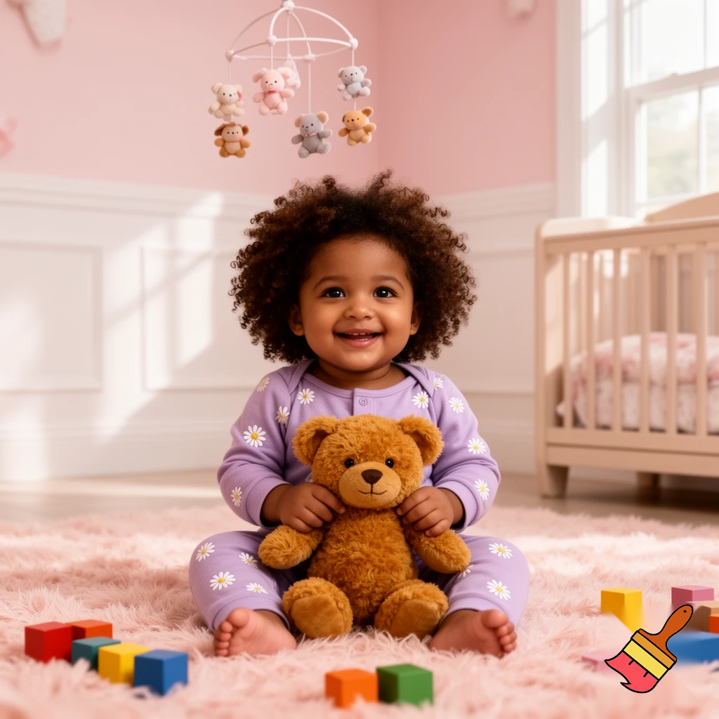 create a one year old black girl with dark brown curly hair in a pink baby room 