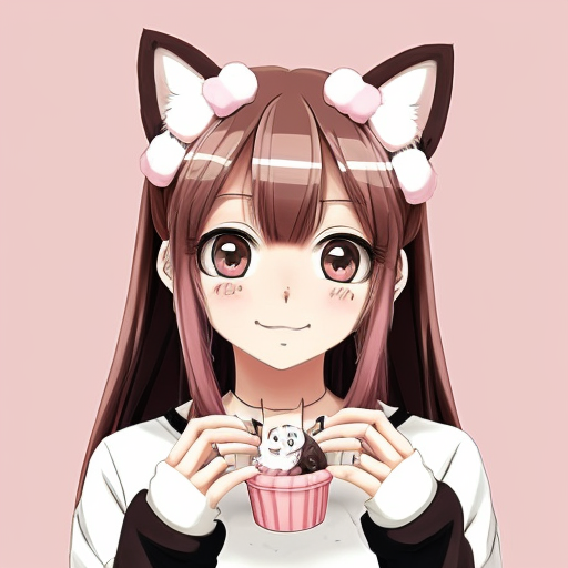 A cute cat furry in this style with “moe” style anime eyes and Neapolitan ice cream themed. Long, fluffy hair with pink/white/brown accessories, with large, cute paws