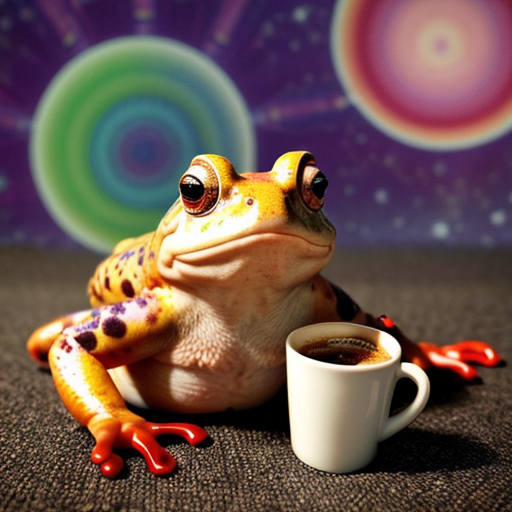 A hillarious, funny boho toad with some hippie colored coffee cups. Psychedelic decorated background.