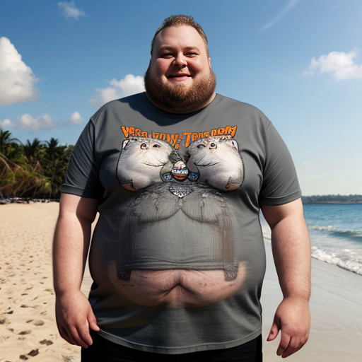 A fat man on the beach wearing virolo cat t-shirt