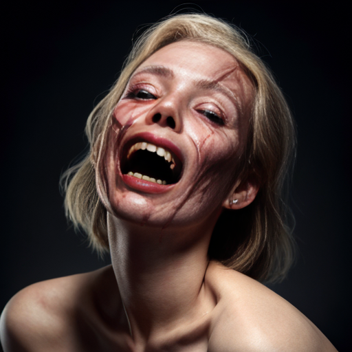 a hauntingly beautiful yet grotesque photorealistic portrait of a blonde woman, her porcelain skin streaked with glistening rivulets of fresh blood that drip from her chin and matted hair. A deep, freshly carved pentagram glistens wetly on her forehead, its edges ragged as if etched by frantic fingers. Her eyes are peacefully closed, lashes clumped with dark stains, while her primary mouth curls into a serene, almost beatific smile—a stark contrast to the horrors flanking it. Both cheeks are torn open like grotesque blossoms, revealing gaping secondary mouths lined with jagged, uneven teeth, their lips pulled back in silent screams that seem to vibrate with unseen agony. Her neck and upper chest are a raw, pulsing landscape of exposed muscle and sinew, glistening under the cinematic chiaroscuro lighting that casts dramatic shadows across her ruined flesh. The background is an inky void, swirling with faint, ghostly tendrils of mist, amplifying the macabre elegance of her suffering. Every detail—from the dewdrop sheen on her wounds to the way light catches the uneven edges of her torn skin—is rendered with hyper-realistic precision, making the horror feel unnervingly tangible.